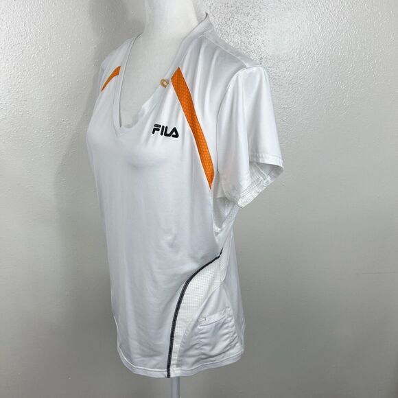 Fila Shirt Women Extra Large White Orange V-Neck Short Sleeve Stretch Active Tee - Picture 2 of 11